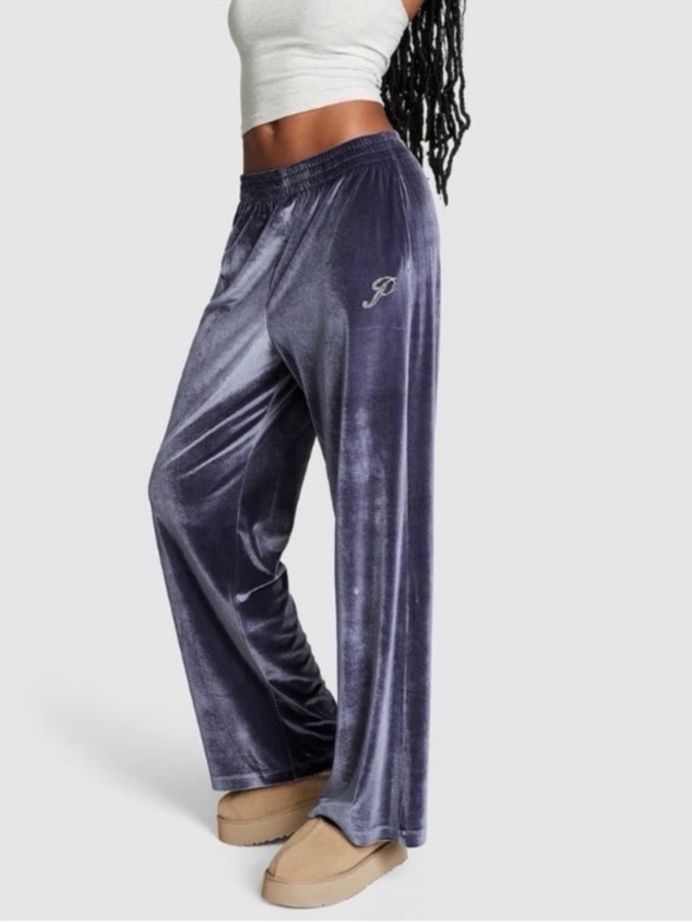 Victoria's Secret PINK Blue Velour Shine Logo Wide-Leg Pants Sz XL